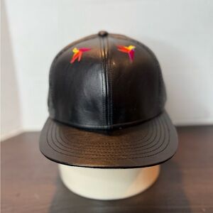 Black Leather Cap with Embroidered Birds